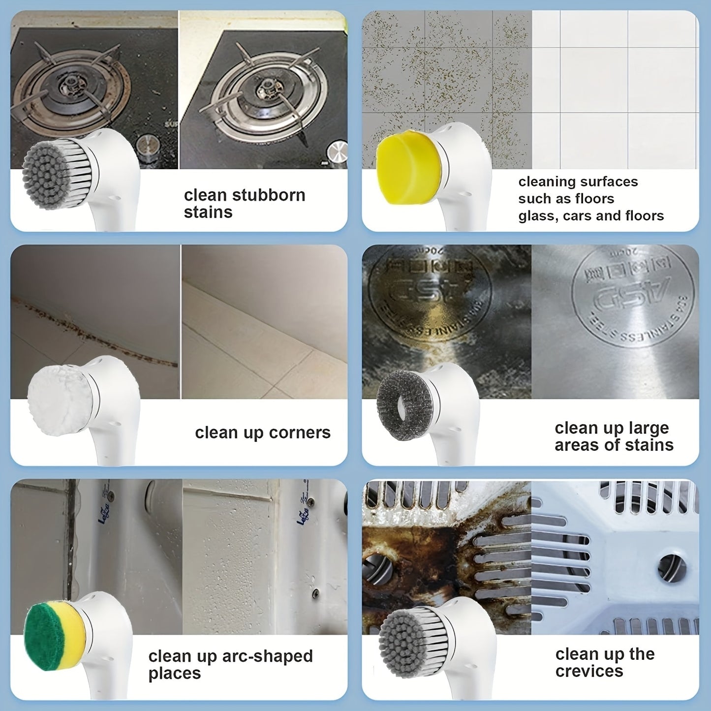 7pcs Electric Spin Scrubber Cordless Handheld Cleaning Brush with 5 Replaceable Brush Heads USB Rechargeable
