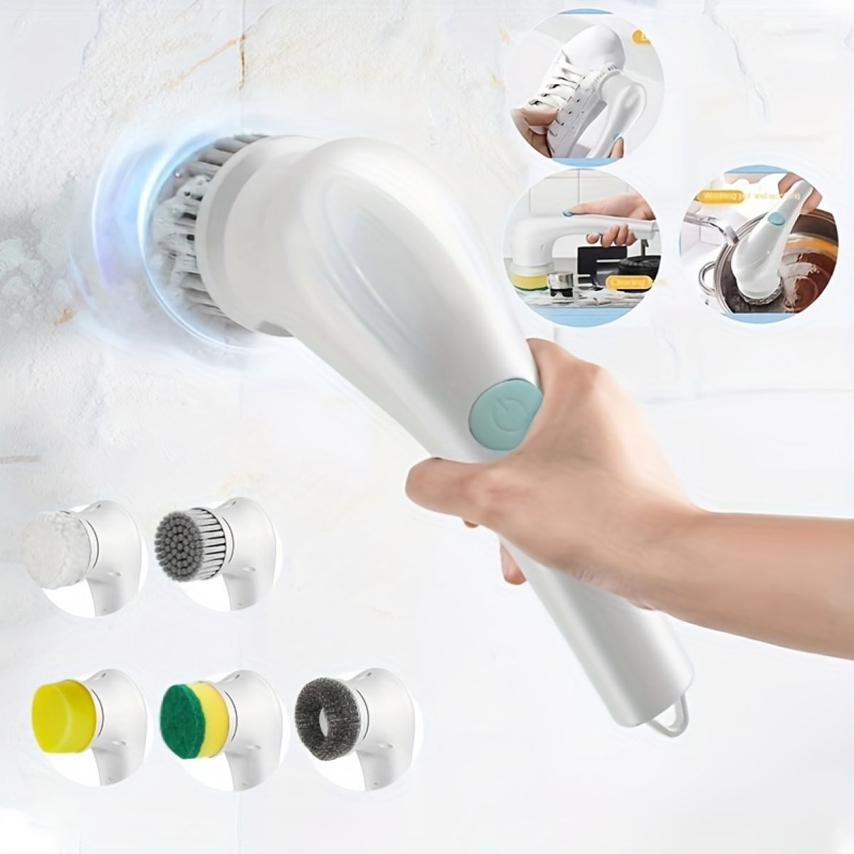 7pcs Electric Spin Scrubber Cordless Handheld Cleaning Brush with 5 Replaceable Brush Heads USB Rechargeable
