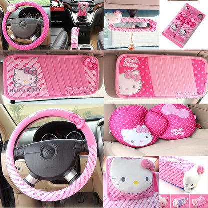 Sanrio Kawaii Pillow Headrest Hello Kitty Girl Car Interior Auto Accessories Set Seat Belt Cover Steering Wheel Handbrake Lumbar